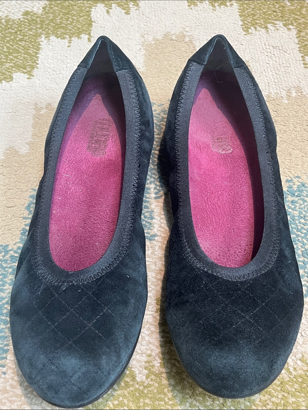 Munro Black Suede Ballet Flats with Pink Insole
